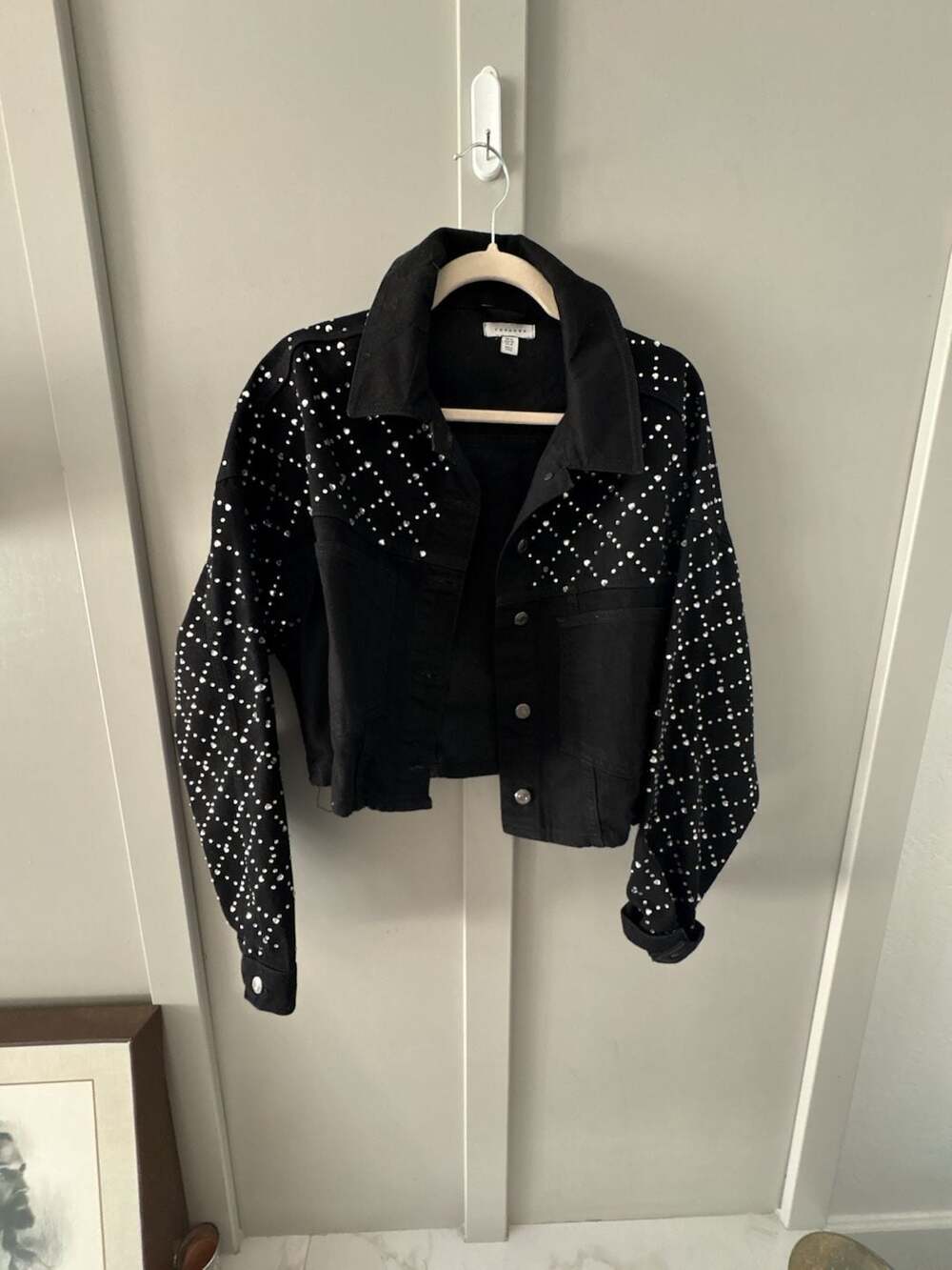 Topshop Black Rhinestone Embellished Cropped Denim Jacket